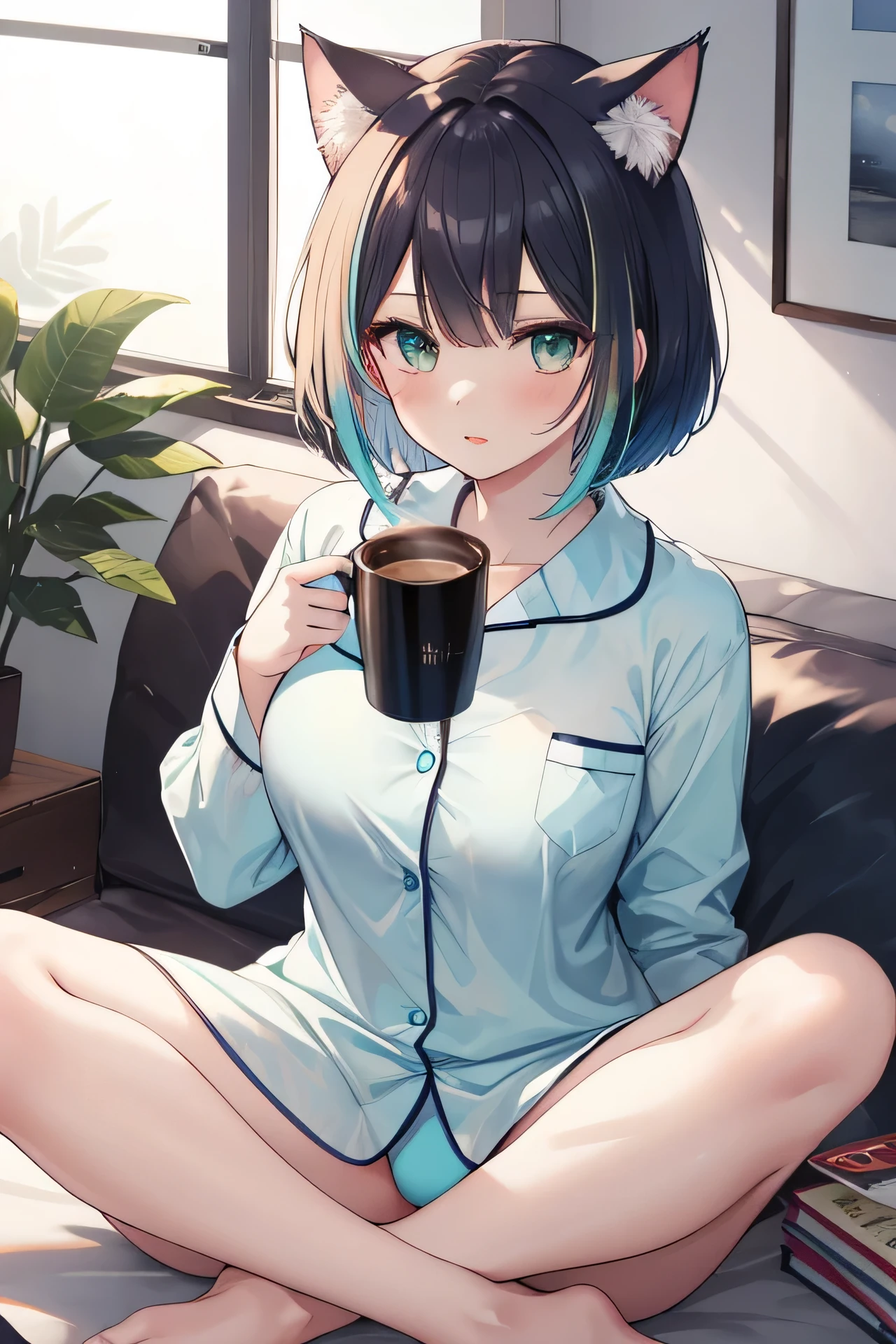 ((masutepiece)), ((Best Quality)), ((8K)), High resolution, under wear, 1girl in, Cat ears, pale skin, Large breasts, Green eye, Aqua Color, multicolored hair, bob cuts, Indian style, livingroom, morning, Winters, pajamas, cup of coffee