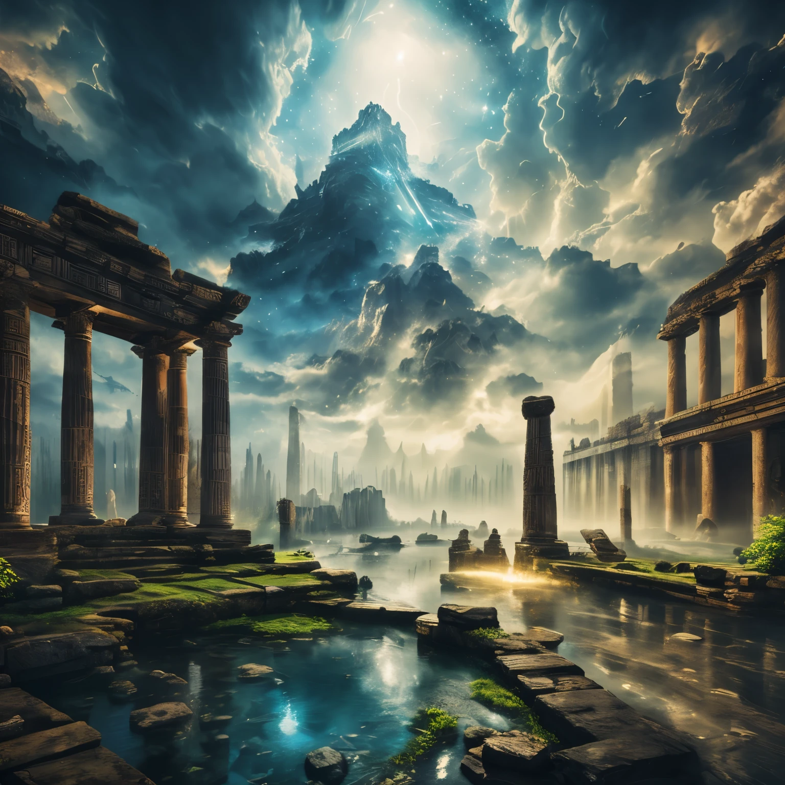 mysterious, divine, finest image, 8k, RAW photo, realistic, fantasy, art of ancient civilizations, digital art, underground ruins, aerial ruins, hieroglyphs, abstract paintings, background space galaxy, detailed, delicate, flashy and dynamic depiction