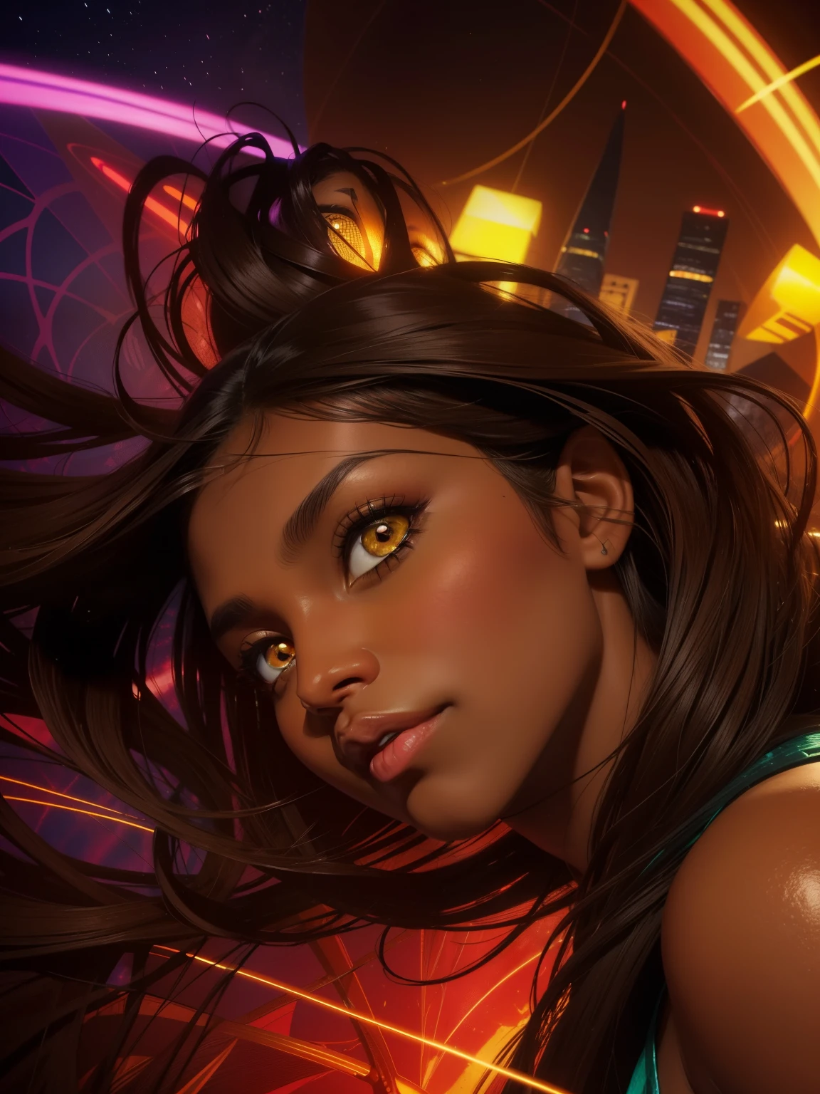 MULHER-GATO da DC Comics (african american woman with glowing brown eyes, browned skin, wave long hair), master part, best quality, abstracted, Psychedelic, Neon light, (honeycomb pattern), (criativo:1.3), SY3, SMM, fantasia00d