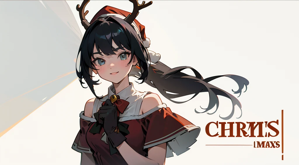 (masterpiece: 1.2, best quality), (1 lady, solo, upper body: 1.2),,tall girl, black hair tied in a ponytail,((Front view)) smiling appearance, wearing a reindeer antlers and bow tie, pine tree Snow behind, Merry Christmas Style, Ultra-high details, 1Woman, alone, long hair, brown fur, Gloves, bare shoulders, green eyes, elbow Gloves, delineated lips, Christmas, Santa hat, red Gloves, Santa Claus costume, realistic, in cozy Christmas workshop, Skimpy, colorful, high contrast, intricate background, fur highly detailed, 8k, UHD, (SFW)(((white background))), cartoon style, vector illustration, high quality, 12k, solid colors, ornate, 6 warm colors, cartoon sticker, professional t-shirt design , t-shirt ready to print vector, (master piece, best quality, Max: 1.4)"(() Looking at the Viewer, looking at the camera, situation)) ((with black background)),((modern clothes )) Looking at the Viewer, looking at the camera