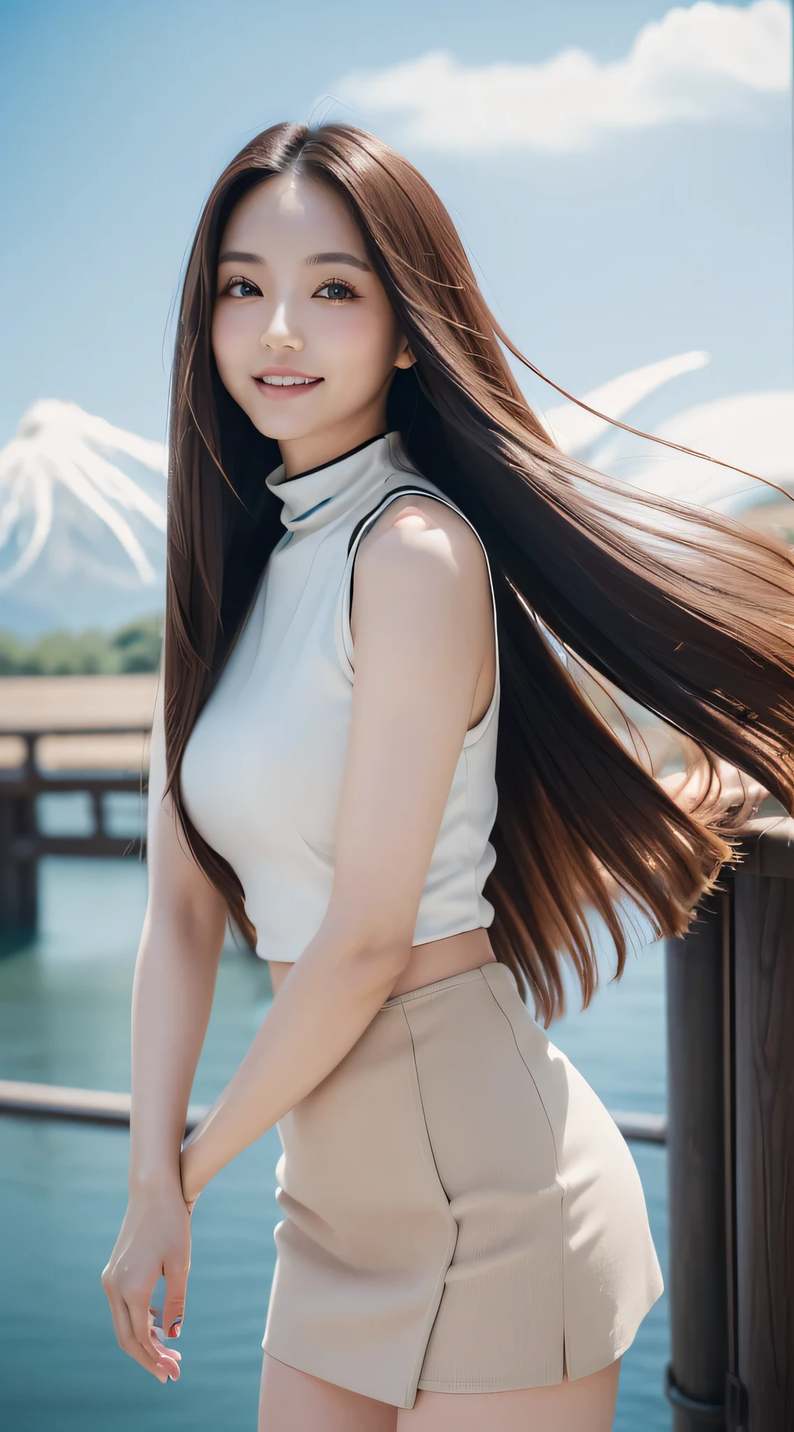 (Refreshing smile:1.5),(Look at viewers:1.1),(hide one's hands:2.0),(Beautiful Japan Woman),(straight haired, Long hair, strong wind in the hair:1.5), ( High neck sleeveless , tight skirts:1.5), (high-heels;1.3), detailed clothes, (Perfect female body), (Narrow waist:1.5), (Bust Up Portrait:1.3), Dynamic Pose, Cinematic Light, 135 mm, Fuji Film,