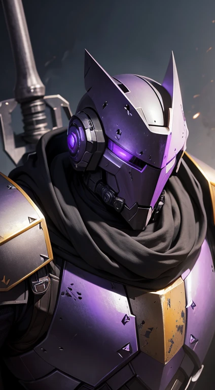 Armored robot looking character with a hood over his head with a ragged black scarf around his neck. armor color for the armor is purple and yellow. big armor plated shoulders. with a mysterious hammer weapon in his hands.