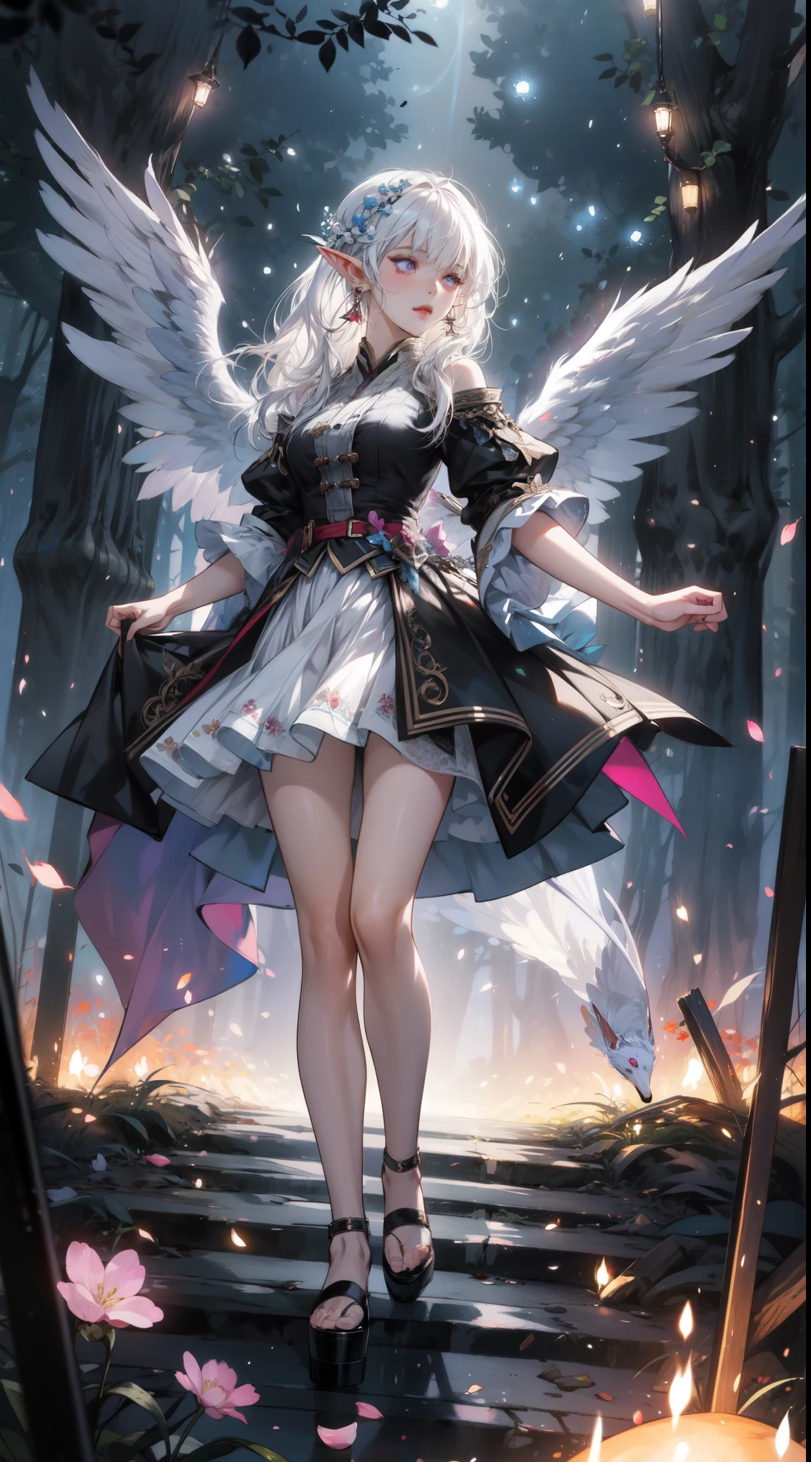 ((masterpiece, best quality)), official art, unity 8k wallpaper, ultra detailed, In a realm of enchantment, within a magical forest, A mysterious angel elf girl appears, a radiant being adorned in gossamer threads of moonlight. Her skirt, woven from petals and stardust, shimmers with an iridescent glow, reflecting the celestial canopy above. Flowering trees々As she flutters her wings in the midst of sparkling fireflies, the air resonates with the ethereal symphony of nature's whispers, Creating a place where dreams and reality are intertwined，Dances that form pure charm，Mo size，Full body photo，中景 the scene is the most beautiful form of chaos, elegant, a brutalist designed, vivid colours, romanticism, by Artgerm, Wadim kashin, Kawacy, BREAK, highly detailed of (elf), (1girl), perfect face,details eye, straight hair, Blunt bangs, (hair between eye), white hair, violet eyes, BREAK, eyelashes, eyeshadow, pink eyeshadow,