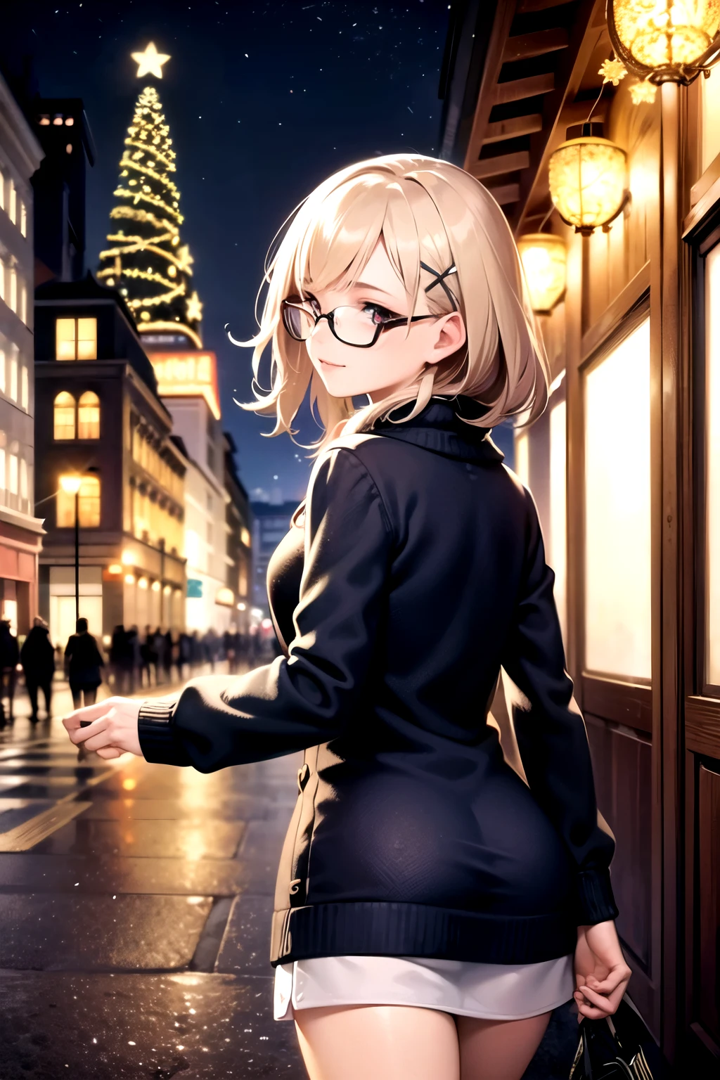 (masterpiece, top quality, best quality, official art, beautiful and aesthetic:1.2), 1Girl,winter, glasses, happy, winter fashion, sweater, warm colors, Night, walking on the street, (((x’mas Illumination))),Lighted up, from behind, from the side, detailed background,