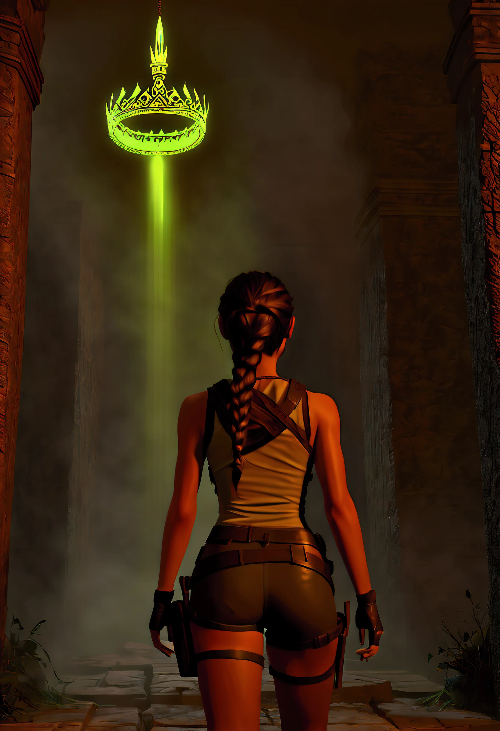 (best quality,4k,8k,highres,masterpiece:1.2),A captivating image of Lara Croft, her long single braid trailing behind as she discovers (a glowing and mysterious ancient crown relic:1.4), ultra-detailed,(realistic,photorealistic,photo-realistic:1.37), facing away, back turned, high resolution, subsurface scattering, raytracing