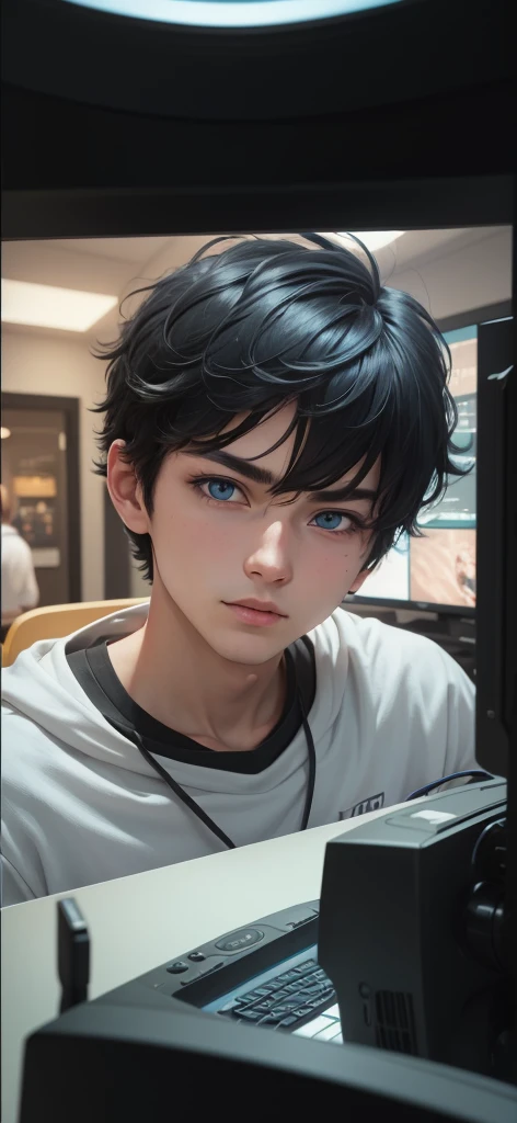 Best quality: 1.0), (Super High Resolution: 1.0), Anime boy, short black hair, blue eyes, sitting in front of computer playing games, background in esports room,