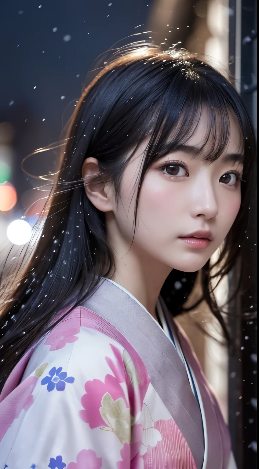 (Kimono)、(without makeup)、(top-quality,masterpiece:1.3,超A high resolution,),(ultra-detailliert,Caustics),(Photorealsitic:1.4,RAW shooting,)Ultra-realistic capture,A highly detailed,high-definition16Kfor human skin、 Skin texture is natural、、The skin looks healthy with an even tone、 Use natural light and color,One Woman,japanes,,kawaii,A dark-haired,Middle hair,(depth of fields、chromatic abberation、、Wide range of lighting、Natural Shading、)、、(Exterior light at night:1.4)、(Falling snow:1.2)、(Hair swaying in the wind:1)、(Snow reflects light:1.3)