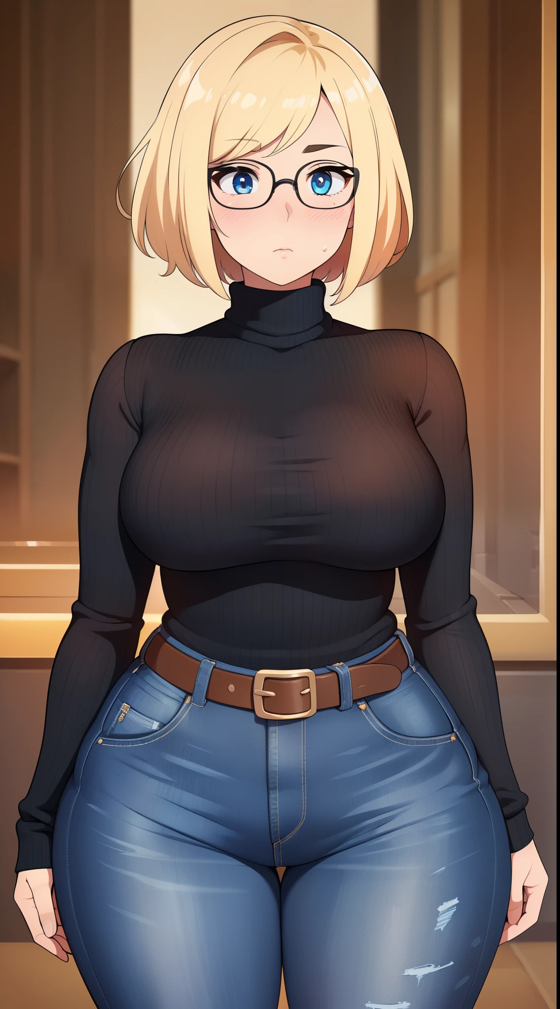 ((Masterpiece)), perfect anatomy, perfect shading, field of depth, (best quality), extremely delicate and beautiful, perfect lighting, detailed face, ultra cute face, cute, (cowboy shot 1.2), full body, (((1girl))), ((solo)), looking at viewer,

short hair, fluffy hair, blonde hair, blue eyes, Glasses, ((blush)), shy, nervous (black turtleneck sweater 1.5), (jeans 1.2), belt, extremely tight clothes, medium breasts, ((wide hips)), (((thick thighs))), ((curvy)),

cafe, intricate background, detailed background, hand on hip, holding coffee cup,