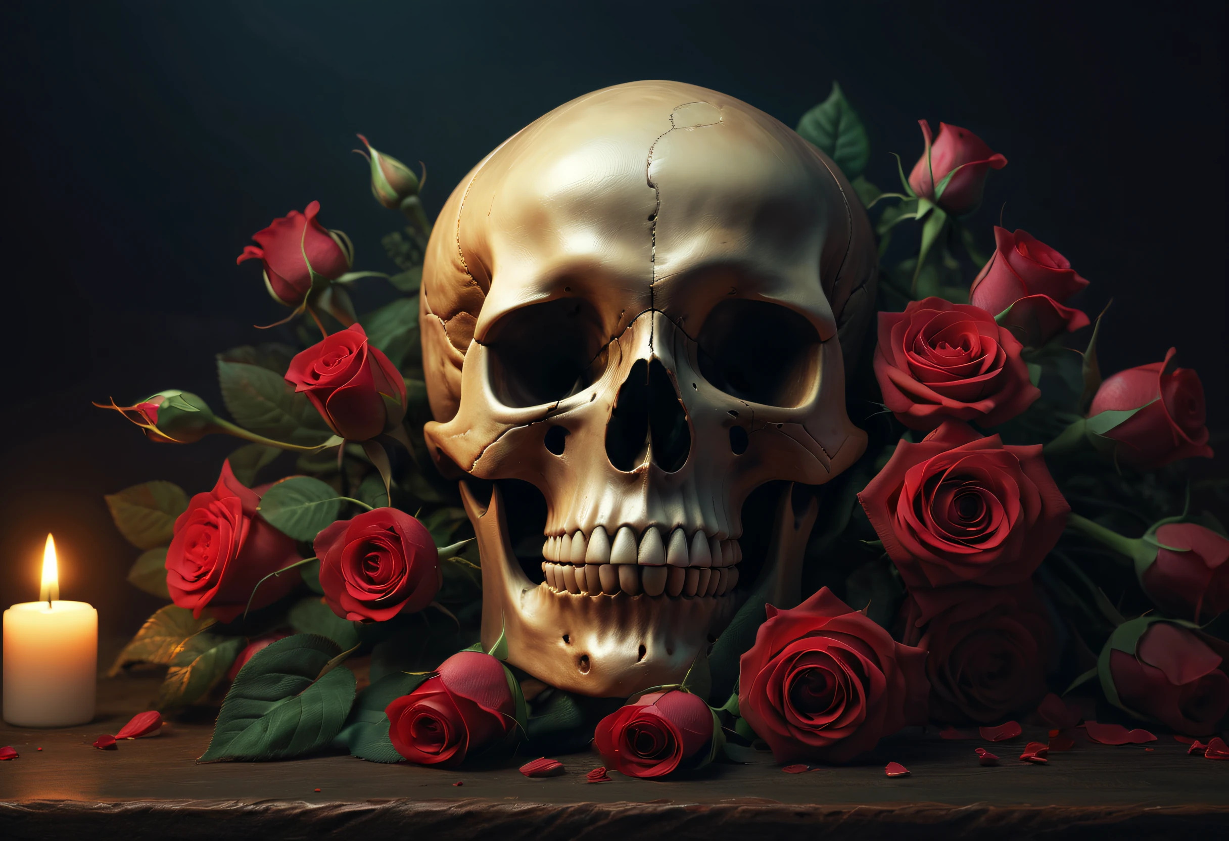 (Best Quality,8K resolution,High resolution,masutepiece:1.2),Ultra-detailed,Realistic Skull,detailed corpse,Bouquet of roses,dark background with altar,melancholy lighting,Horror-themed,Single-color palette