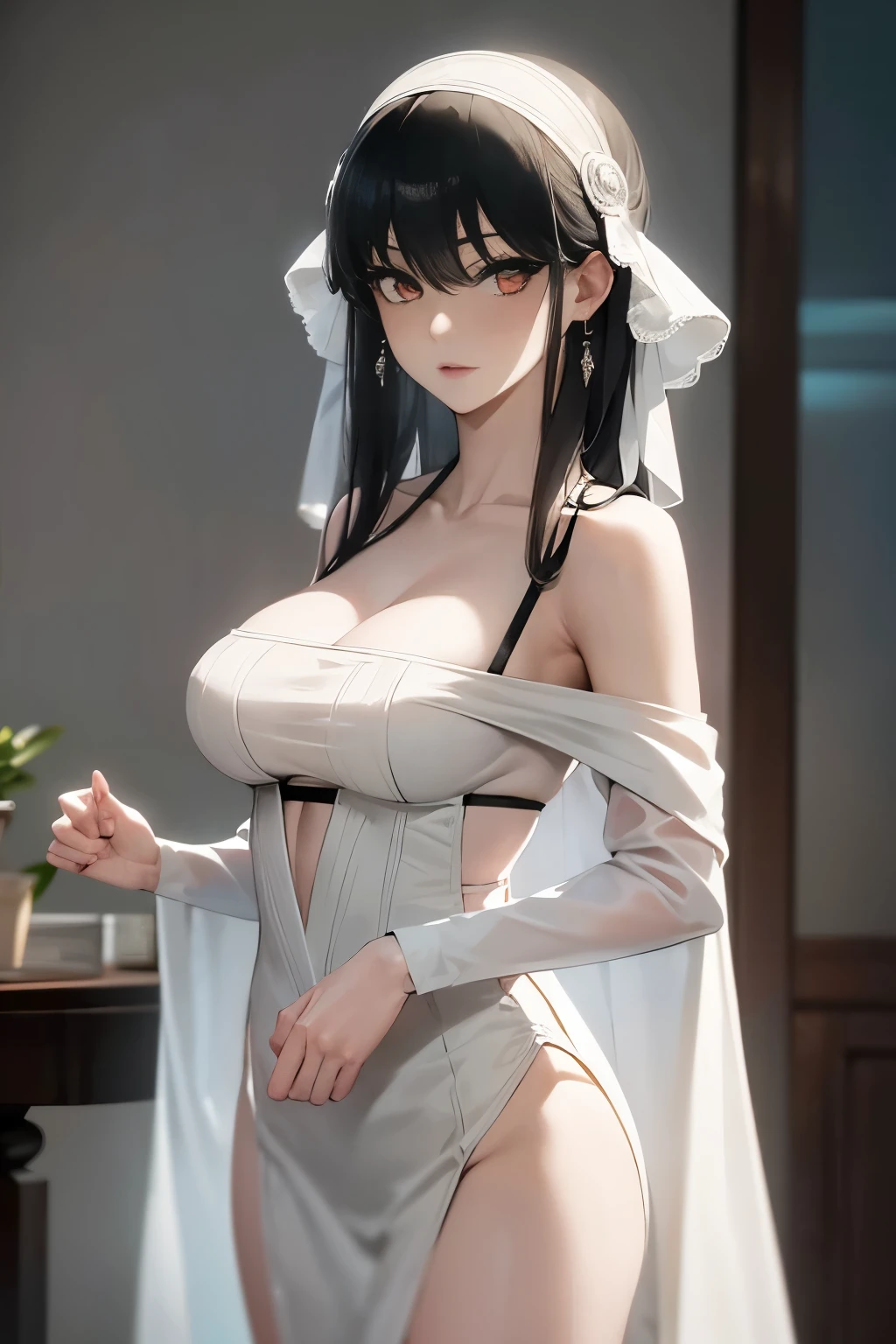 (Masterpiece:1.2, high quality), (pixiv:1.4), (1girl:1.2), (solo:1.2), (smooth:1.2), (Yor forger), (confident), slightly blushing, glossy lips, red eyes, black eyeshadow, pale white skin, black hair, bangs, bangs over eyes, collarbone, off-shoulder long frock, black clothing, slightly exposed cleavage, (medium breasts:1.2), (pov thighs), lower angle view, slim waist, ultra detailed, soft lighting, high contrast, blur, highly focused face, (detailed face), intrinsic details, vivid colors, HD, 4k, artistic background, background wall with black and white stripes