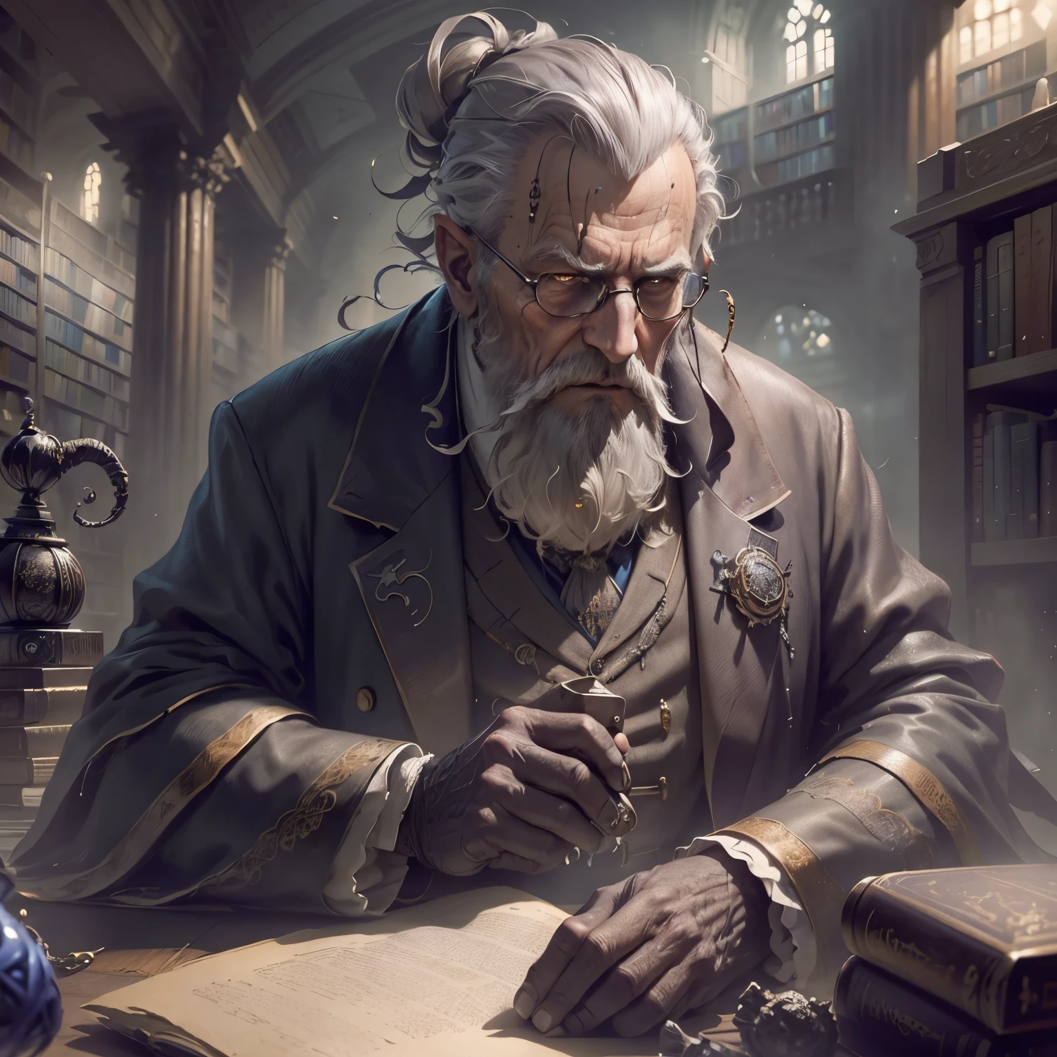 "Portrait RAW photo,((Best Quality)), ((masutepiece)), (((A hyper-realistic)), grand library, magicle world, , (Old Man, researcher sitting in the library:1.2), sitting in his elegant office, short gray hair, Tweed suit, holding a black cube in hand,, Real life, Soft and warm vivid color palette, Cinematic Film Still"Precise hand shape