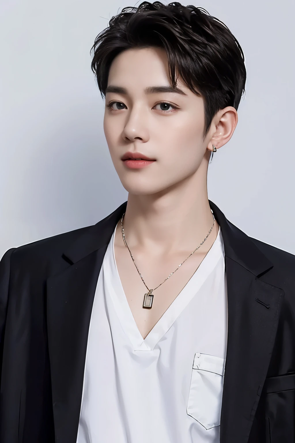 ((Best Quality, 8K, masterpiece: 1.3))、Cool Korean man, １20 year old man、Korean style long hair、Sturdy face、Handsome nose、Detailed eyes and face、Beautiful lighting、(studio)、High Resolution、 （visible to the audience）、mouth details、Thin Mouth、,Sorrisos、whole body: 1.5, perfect body figure: 1.picture of both shoulders:1.3, Wearing a White T-shirt and a casual Black coat:1.5, Accessories : (men's earrings, necklaces, men's rings, men's watches)