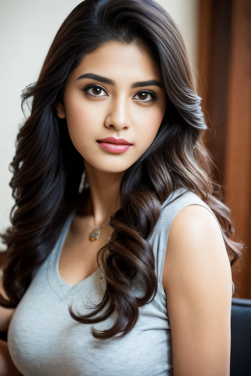 Portrait of A confident-looking indian girl with long flowing hair, having coffee at coffee shop,hazel and brown eyes, c-cup breasts,bokeh, perfect composition, hyperrealistic, super detailed, 8k, high quality, trending art, trending on artstation, sharp focus, studio photo, intricate details, highly detailed