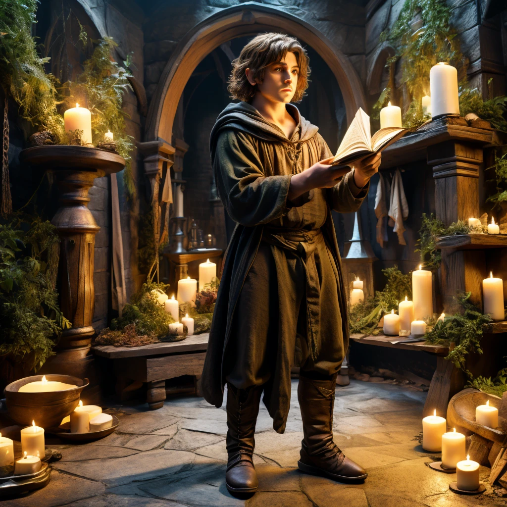 A short male hobbit, with "short light brown hair", "dark medieval merchants outfit ", "green eyes", wearing a , full body pose, casting a spell,