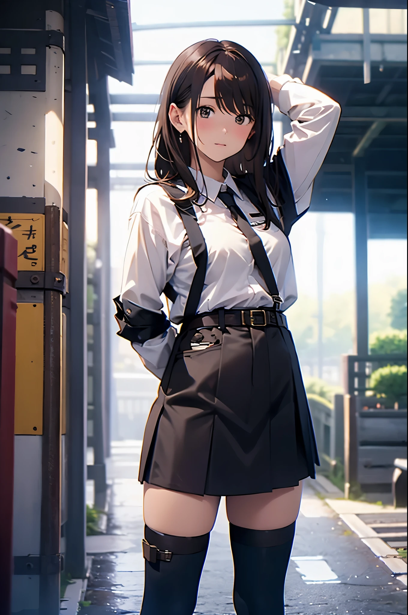 Brown hair、watching at viewers　　　black suspenders　　　Bulging big breasts　　 　 　　　walls: 　Black miniskirt　garters　　　　　　Gaze　　　Small face　bangss 　　　holster　　　Beautuful Women　　hands up　　レッグholster ベッドに横たわる　　Gaze 　黒いブーツ Panchira　provocation　　soio 　arm　hotel　bet　Fold your hands behind your back　belt dark face　Panchira