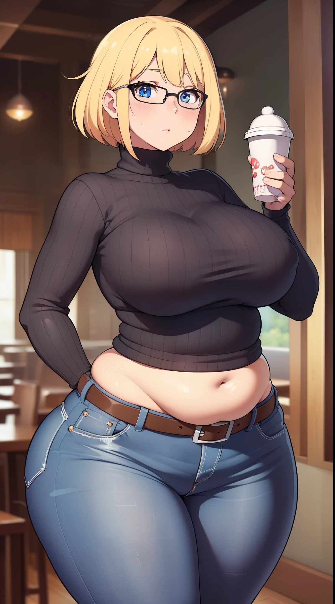 ((Masterpiece)), perfect anatomy, perfect shading, field of depth, (best quality), extremely delicate and beautiful, perfect lighting, detailed face, ultra cute face, cute, (cowboy shot 1.2), full body, (((1girl))), ((solo)), looking at viewer,
short hair, fluffy hair, blonde hair, blue eyes, Glasses, ((blush)), shy, nervous (black turtleneck sweater 1.5), (jeans 1.2), belt, extremely tight clothes, medium breasts, ((wide hips)), (((thick thighs))), ((chubby)), chubby belly, fat folds, belly hang,
cafe, intricate background, detailed background, hand on hip, holding coffee cup,