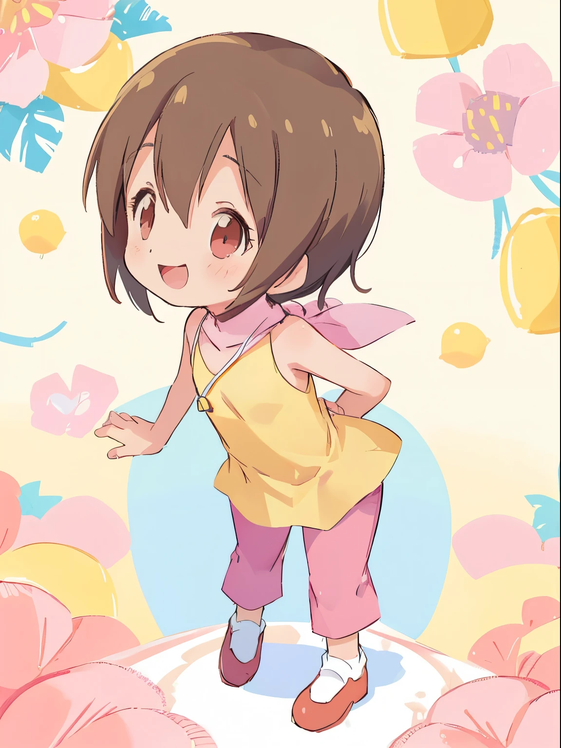 Best Quality, masutepiece, Perfect Anatomy,hight resolution, Detailed, very beautiful detailed body, Hikari Detsugu,  Embarrassing red face, Smile,Transparency, Solo,Yellow dress, Pink pants, Small cleavage,Lori，2nd grade elementary school student、(small ****，Chiquita，For 8 years old，Short stature)，A girl with small breasts、Small body，child, 年轻, Happy,clean line drawings, A girl child,Draw an image using pointillism、Creates a cohesive and visually stunning whole,