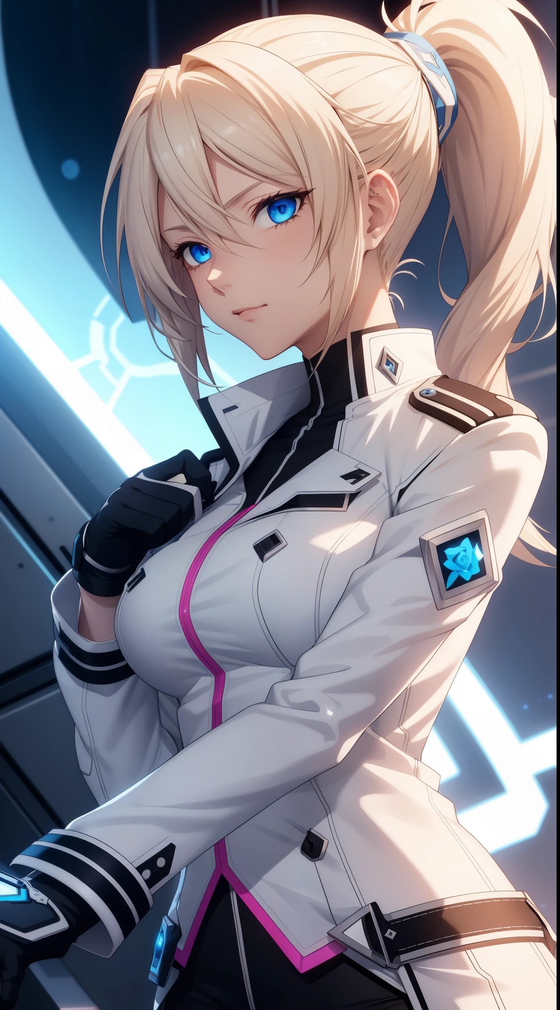 Rose Minerva from elsword,  adult woman, long low ponytail, blonde hair, blue eyes, white jacket, finggerless gloves, extremely detail 8k cg, shine, elsword artstyle