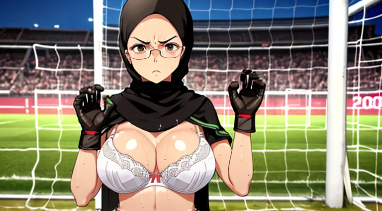 Photo of a indonesian female teacher with saggy breasts, (((keeping the goal))) in the middle of(soccer field), 40yo,busty body, tall body, tanned skin, dimples, light, detailed face, embarrassed face, ((looking disgusted)), ((very angry)), (dissapointed), Perfect breasts, big breasts, natural breasts, big nipples, G cup, (((brown hijab))),(((glasses))), (nude), (((cotton bra))), (((cotton panties))), (((goalkeeper gloves))), (sweat:1), (wet)