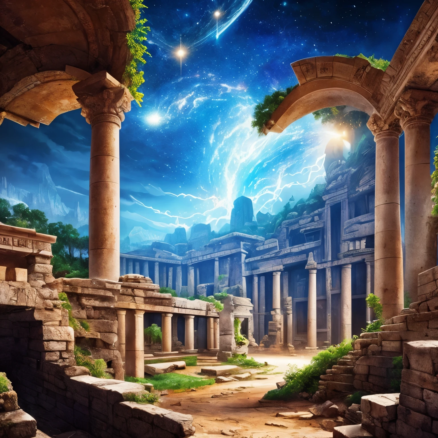 finest image, 8k, RAW photo, realistic, detailed, delicate, flashy and dynamic depiction, fantasy, art of ancient civilizations, digital art, underground ruins, aerial ruins, hieroglyphs, abstract paintings, background space galaxy