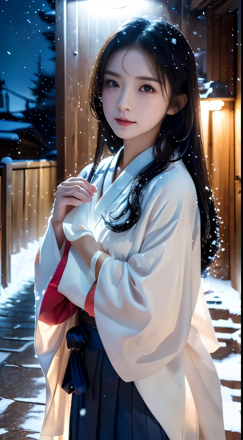 (Kimono)、(without makeup)、(top-quality,masterpiece:1.3,超A high resolution,),(ultra-detailliert,Caustics),(Photorealsitic:1.4,RAW shooting,)Ultra-realistic capture,A highly detailed,high-definition16Kfor human skin、 Skin texture is natural、、The skin looks healthy with an even tone、 Use natural light and color,One Woman,japanes,,kawaii,A dark-haired,Middle hair,(depth of fields、chromatic abberation、、Wide range of lighting、Natural Shading、)、、(Exterior light at night:1.4)、(Falling snow:1.2)、(Hair swaying in the wind:1)、(Snow reflects light:1.3)