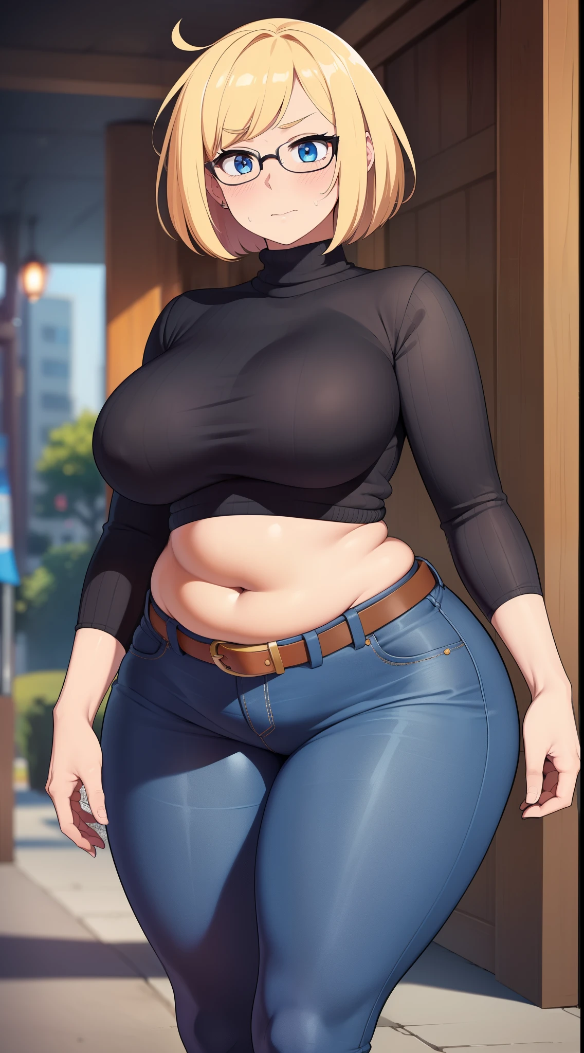 ((Masterpiece)), perfect anatomy, perfect shading, field of depth, (best quality), extremely delicate and beautiful, perfect lighting, detailed face, ultra cute face, cute, (cowboy shot 1.2), full body, (((1girl))), ((solo)), looking at viewer,
short hair, fluffy hair, blonde hair, blue eyes, Glasses, ((blush)), shy, nervous, embarrassed, (black turtleneck sweater 1.5), (jeans 1.2), belt, extremely tight clothes, medium breasts, ((wide hips)), (((thick thighs))), ((chubby)), chubby belly, fat folds, belly hang,
cafe, intricate background, detailed background, hand on hip, holding coffee cup,