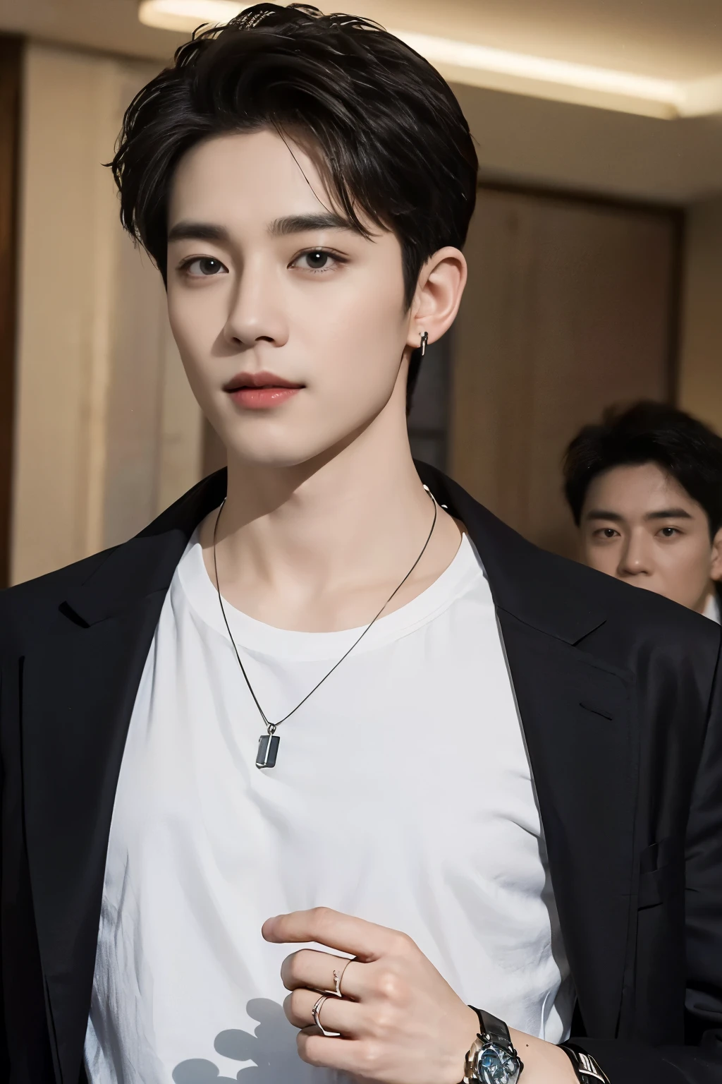 ((Best Quality, 8K, masterpiece: 1.3))、Cool Korean man, 120 year old man、Korean style long hair、Sturdy face、Handsome nose、Detailed eyes and face、Beautiful lighting、(studio)、High Resolution、 (visible to the audience)、mouth details、Thin Mouth、,Sorrisos、whole body: 1.5, perfect body figure: 1.picture of both shoulders:1.3, Wearing a White T-shirt and a casual Black coat:1.5, Accessories : (men's earrings, necklaces, men's rings, men's watches)