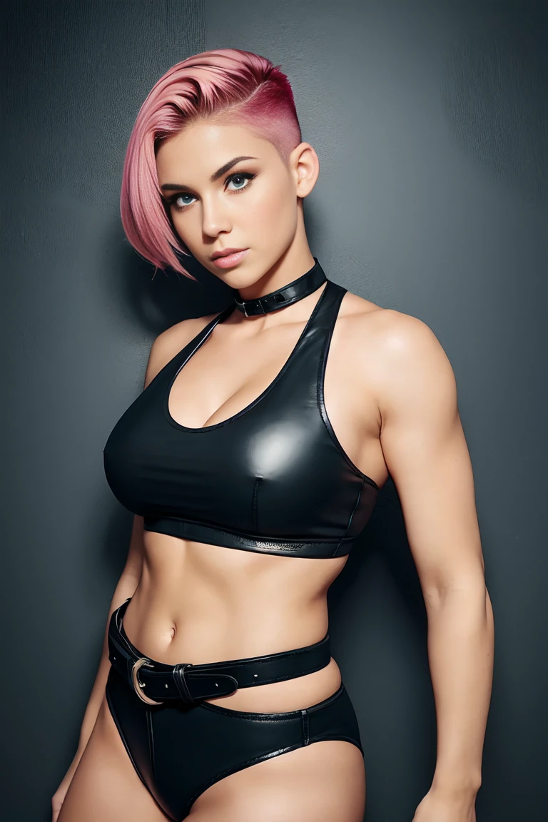 (1 girl), (supermodel Taylor Hill), young girl, masculine physique, seductive face, seductive look, smiling long pink hair, perfect muscular body, super skinny legs, latex pants, (muscular arms:1.0), small waist, round perky breasts, hard nipples