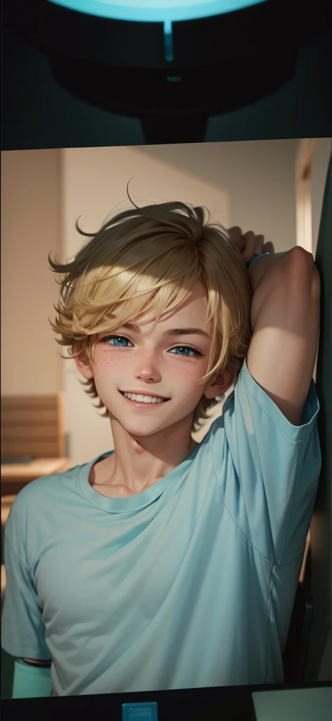 Best quality: 1.0), (Super High Resolution: 1.0), Anime boy, short blond hair,toothy smile, blue eyes, wearing blue t-shirt,