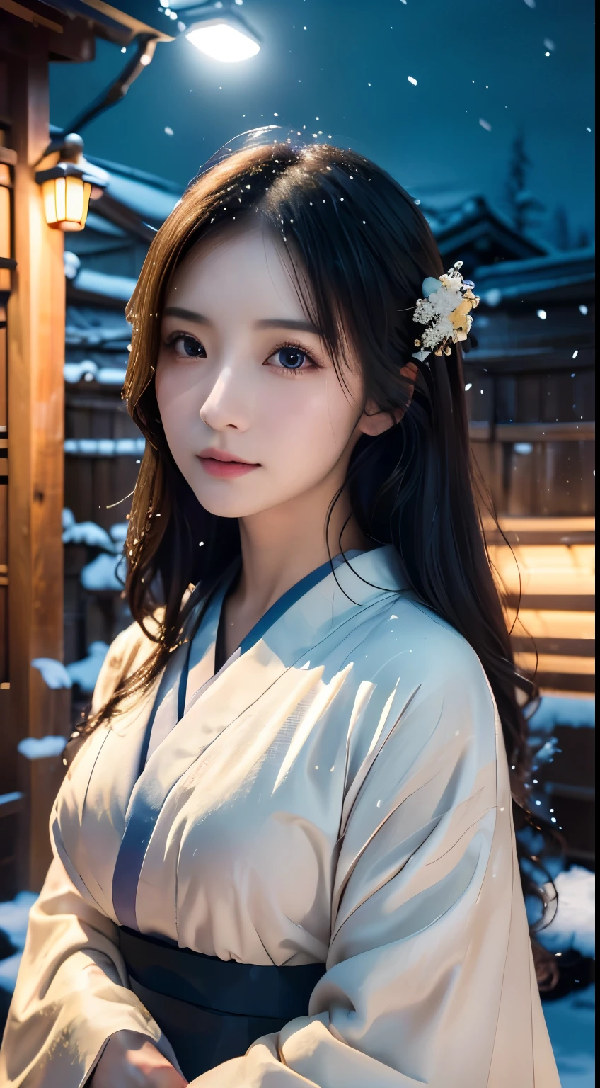 (Kimono)、(without makeup)、(top-quality,​masterpiece:1.3,超A high resolution,),(ultra-detailliert,Caustics),(Photorealsitic:1.4,RAW shooting,)Ultra-realistic capture,A highly detailed,high-definition16Kfor human skin、 Skin texture is natural、、The skin looks healthy with an even tone、 Use natural light and color,One Woman,japanes,,kawaii,A dark-haired,Middle hair,(depth of fields、chromatic abberation、、Wide range of lighting、Natural Shading、)、、(Exterior light at night:1.4)、(Falling snow:1.2)、(Hair swaying in the wind:1)、(Snow reflects light:1.3)