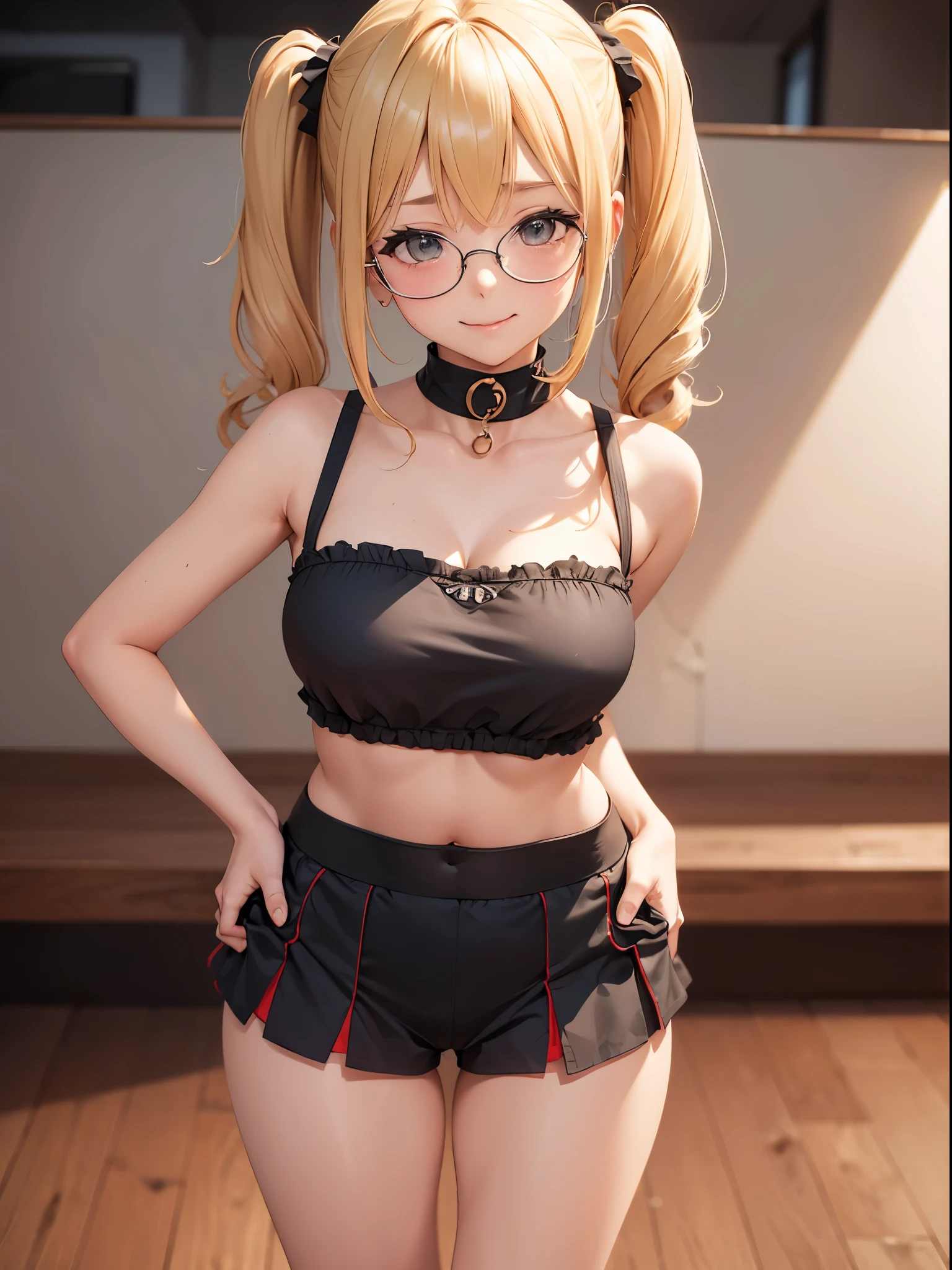 1 girl, in public, embarrassed, bangs, loli body, 13 year old girl, blonde hair side ponytail, sensual cleavage, sensual mouth, round breasts, ass facing the viewer, back to the screen, smile, tight, micro shorts 1.4, Ultra HD, 4k image, glasses, character close to the camera, tight shorts, shorts showing crotch, low-cut shorts, shorts with open fly, V-shaped panties, visible lower part of the breasts, visible belly, short mini skirt, micro skirt, skirt small and torn, tight skirt