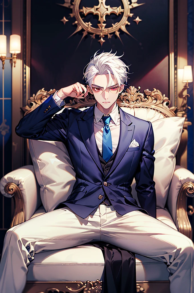Adonis、Dressed in a suit、Boy with white hair、Straight face、A detailed face、1 boy、Classic、Arrogant man、top grade、Center division、Forehead、One Man、A sexy、Sit on a luxury sofa、cross one's legs、Wear blue clothes、Red eyes
