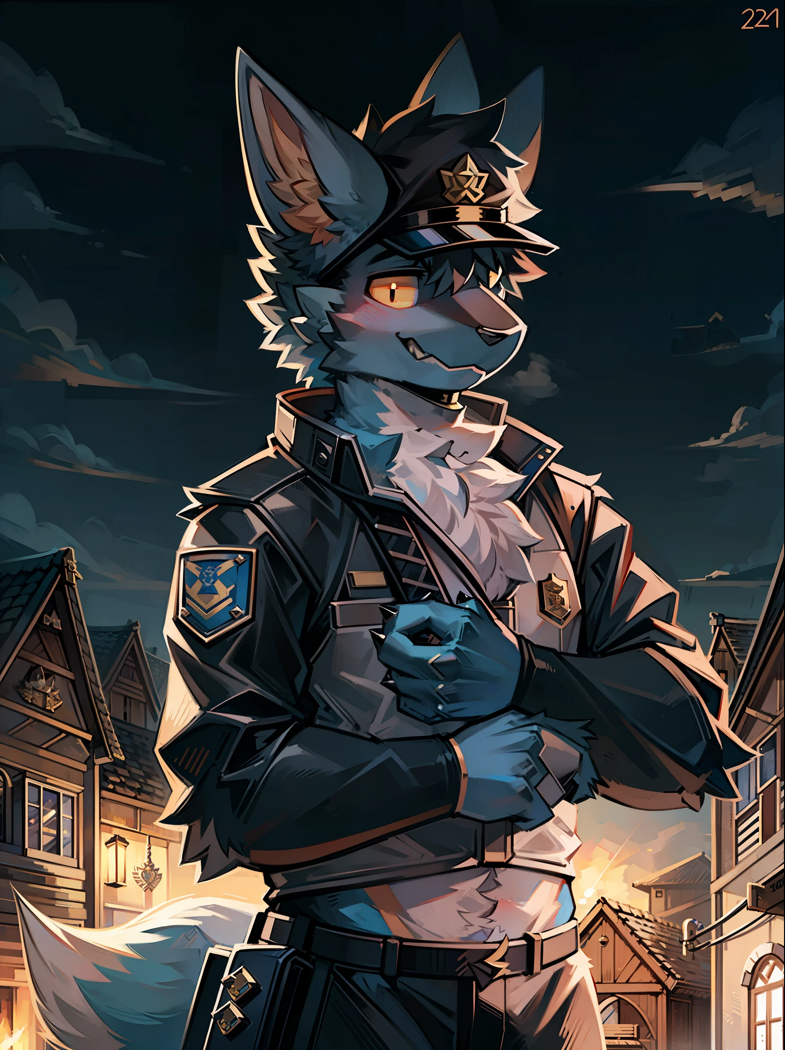 furry, bright fur, police officer, Policeman, furry police, furry sheriff, Police cap, bright background, Village Background