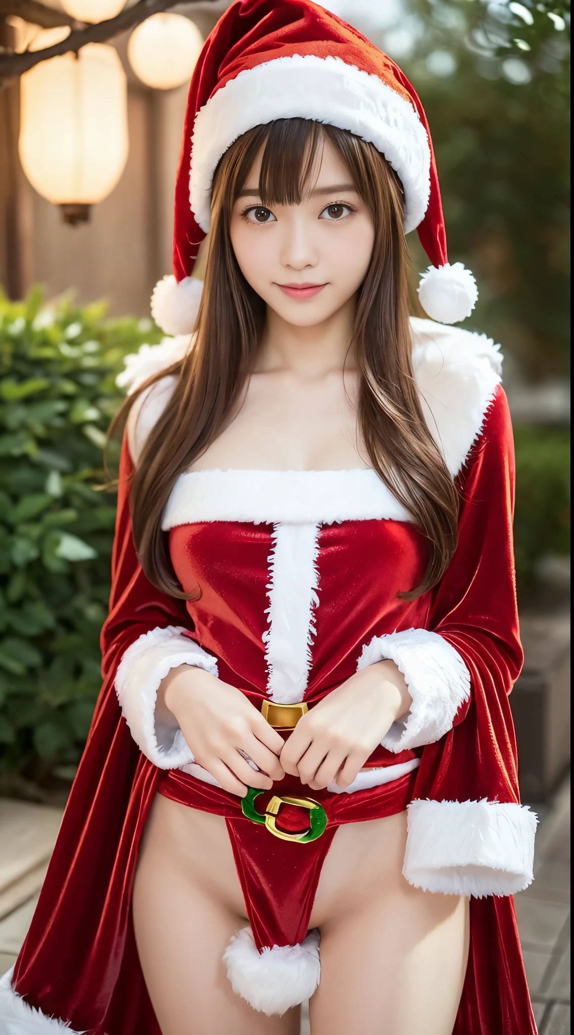 tre anatomically correct,Masterpiece of,High image quality,(Cute Santa Claus costumes:1.5),(The material of the costume is high quality velvet:1.4),(Emphasizes the fluffiness of the white part of the costume:1.4),20 years old, Japan Female, (Random posture:1.4),Professional Lighting,((Japan hair)),((Natural smile)),The ultra-detailliert、High quality textures、intricate detailes、detaileds、非常detailedsなCG、High quality shadows、Detail Beautiful delicate face、Detail Beautiful delicate eyes、depth of fields、Ray traching,1girl in, japanaese girl, Fashion Model, slender,Warm atmosphere,Outdoors with a Christmas atmosphere