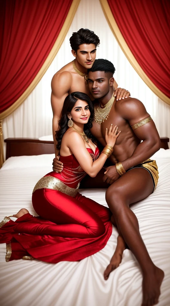 1 muscular very hary, handsome and attractive African man not wearing any shirt with sexy Indian married woman bit chubby wearing a Indian red ridal dress lengha cholli with gold jewellery and red bangles. The woman is of the left side. They are the center of a decorated room with bed in background with satin red bedsheet. Both are hugging pose and there body is toward s the camera which is front. They are present on a satin bedsheet in a decorated room with rose, deep cleavage