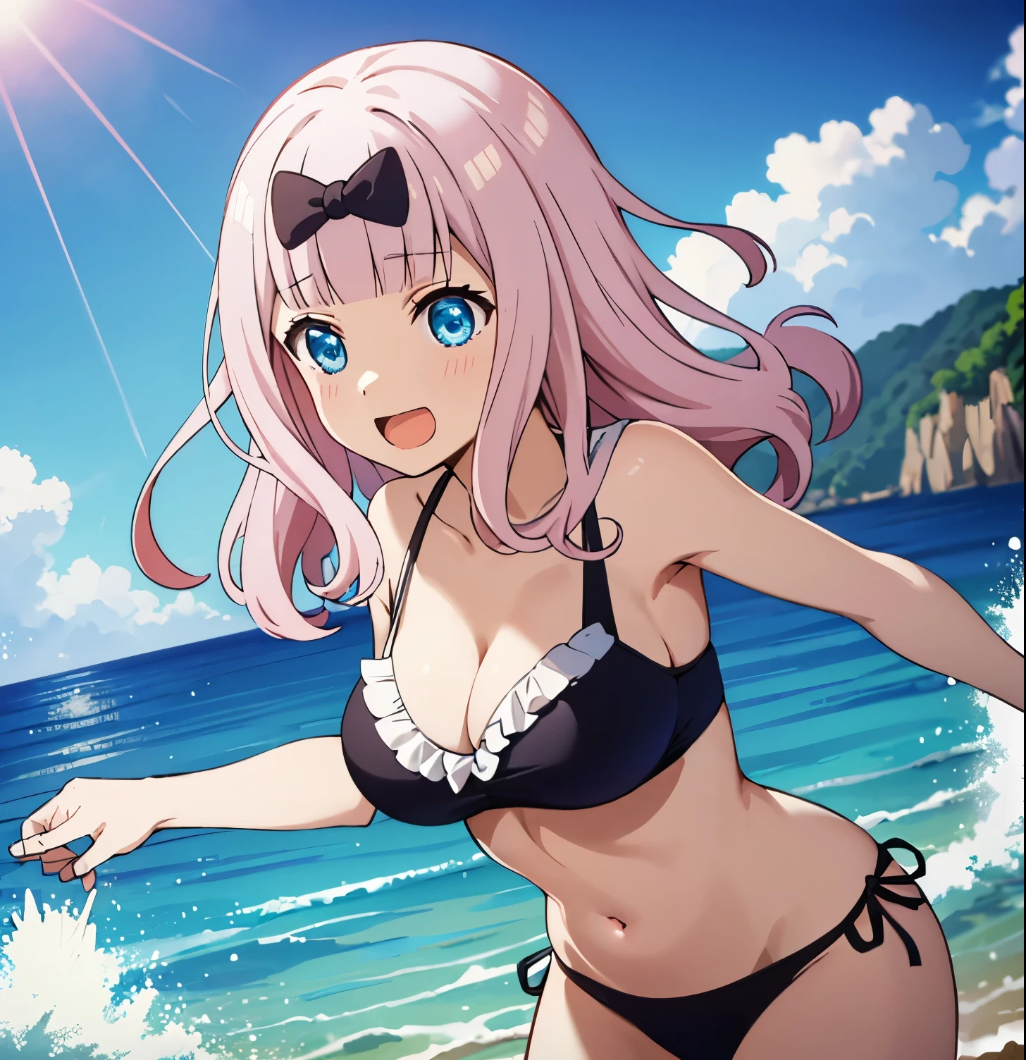 best quality, (masterpiece:1.2), detailed,
fujiwara chika (kaguya-sama),
1girl, solo, open mouth, smile,
pink hair, blue eyes, long hair,
hair bow, frilled bikini, aqua bikini,
standing, looking at the viewer,
beach, water, cloud