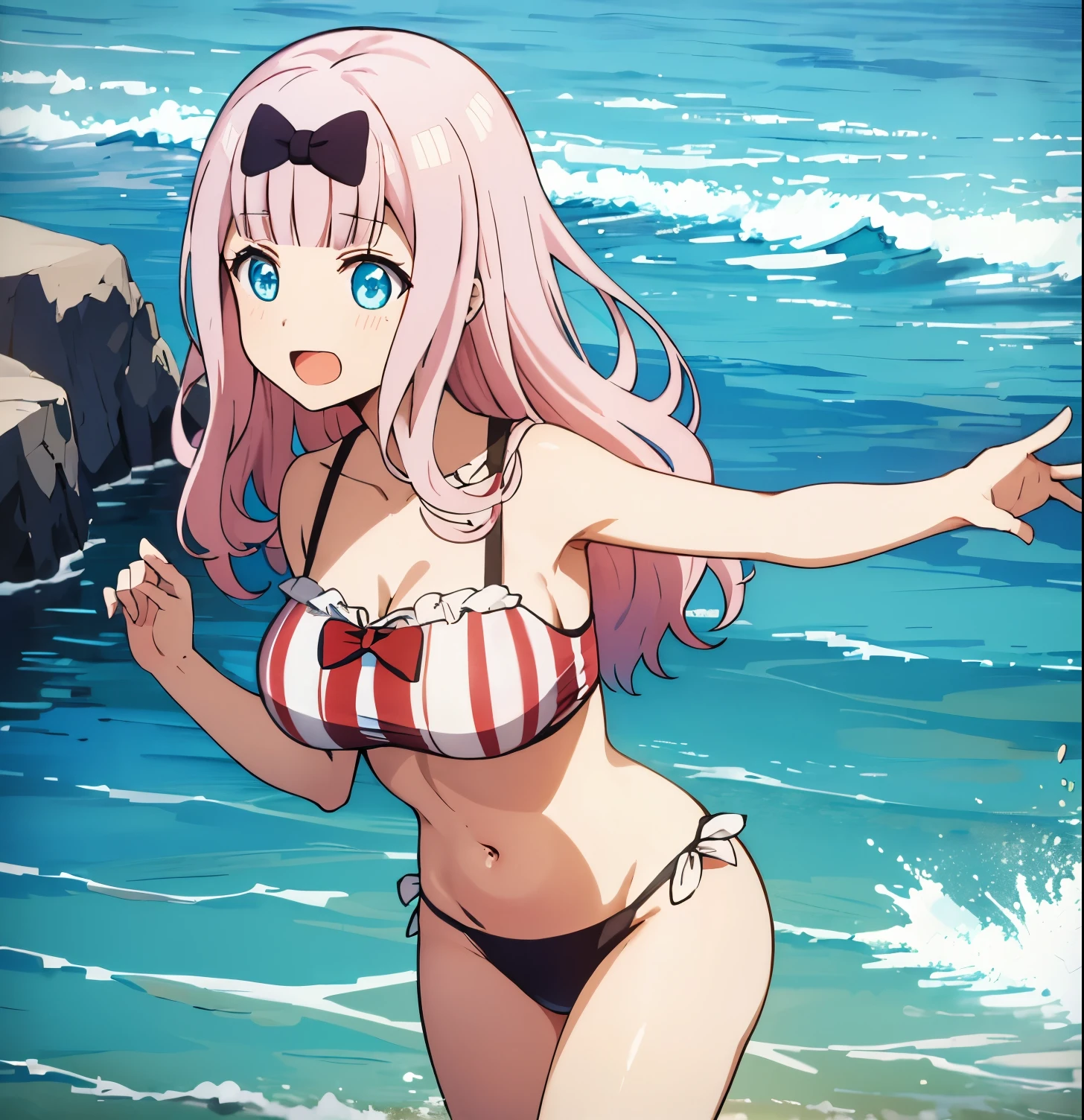 best quality, (masterpiece:1.2), detailed,
fujiwara chika (kaguya-sama),
1girl, solo, open mouth, smile,
pink hair, blue eyes, long hair,
hair bow, frilled bikini, aqua bikini,
standing, looking at the viewer,
beach, water, cloud