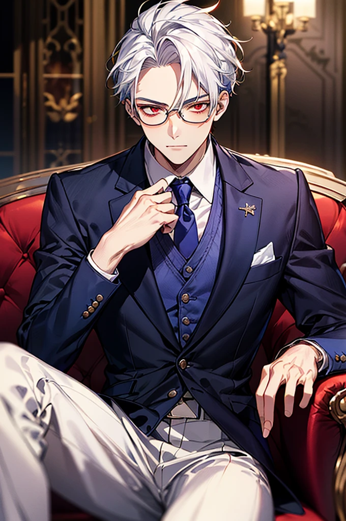 Adonis、Dressed in a suit、Boy with white hair、Straight face、A detailed face、1 boy、Classic、Arrogant man、top grade、Center division、Forehead、One Man、A sexy、Sit on a luxury sofa、cross one's legs、Wear blue clothes、Red eyes、eye glasses