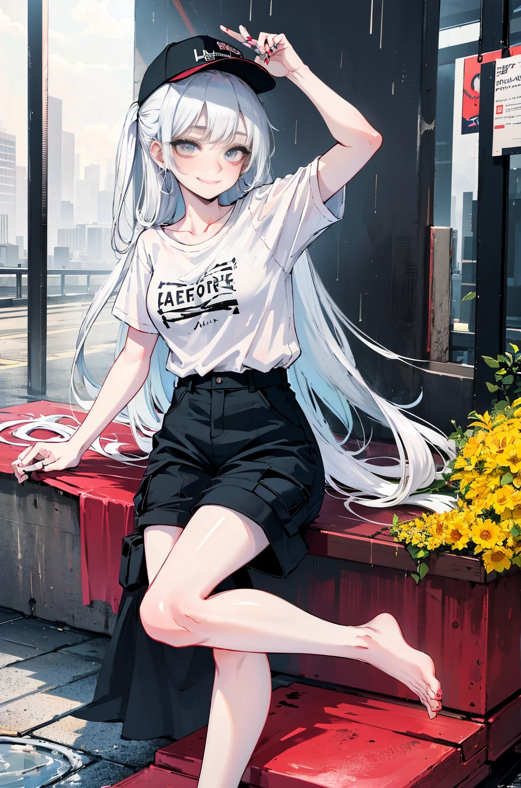Hyper-Resolution,
(realisticlying:1.3),
(1 Slim girl), Fashionab女孩, Fashionab,
Young face, Be red in the face, (lusty smile),
(Slim) upper legs,
baseball cap, T-shirt with missing earrings), (Loose cargo pants),
Intaglio printing,
City streets on rainy dayully body photo,The barefoot,emo girl, kawaii, silber hair, Angelic, angel ring, lock,, The white花, The white, pure white, silvery white