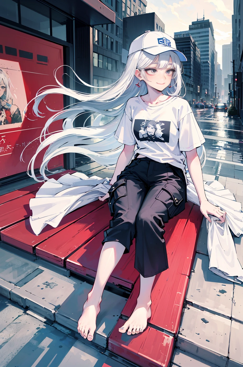 Hyper-Resolution,
(realisticlying:1.3),
(1 Slim girl), Fashionab女孩, Fashionab,
Young face, Be red in the face, (lusty  smile),
(Slim) upper legs,
baseball cap, T-shirt with missing earrings), (Loose cargo pants),
Intaglio printing,
City streets on rainy dayully body photo，The barefoot，emo girl, kawaii, silber hair,  Angelic, angel ring, lock,, The white花, The white, pure white, silvery white
