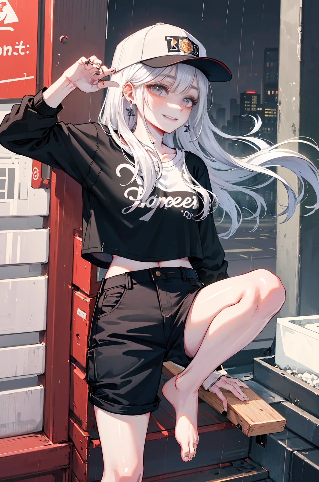 Hyper-Resolution,
(realisticlying:1.3),
(1 Slim girl), Fashionab女孩, Fashionab,
Young face, Be red in the face, (lusty smile),
(Slim) upper legs,
baseball cap, T-shirt with missing earrings), (Loose cargo pants),
Intaglio printing,
City streets on rainy dayully body photo,The barefoot,emo girl, kawaii, silber hair, Angelic, angel ring, lock,, The white花, The white, pure white, silvery white