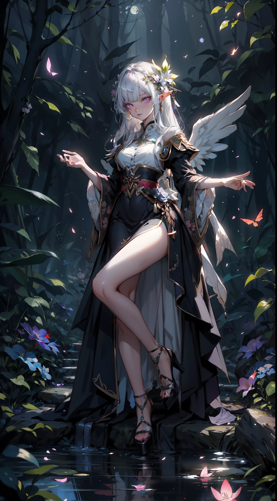 ((masterpiece, best quality)), official art, unity 8k wallpaper, ultra detailed, In a realm of enchantment, within a magical forest, A mysterious angel elf girl appears, a radiant being adorned in gossamer threads of moonlight. Her skirt, woven from petals and stardust, shimmers with an iridescent glow, reflecting the celestial canopy above. Flowering trees々As she flutters her wings in the midst of sparkling fireflies, the air resonates with the ethereal symphony of nature's whispers, Creating a place where dreams and reality are intertwined,Dances that form pure charm,Mo size,Full body photo,中景 the scene is the most beautiful form of chaos, elegant, a brutalist designed, vivid colours, romanticism, by Artgerm, Wadim kashin, Kawacy, BREAK, highly detailed of (elf), (1girl), perfect face,details eye, straight hair, Blunt bangs, (hair between eye), white hair, violet eyes, BREAK, eyelashes, eyeshadow, pink eyeshadow,