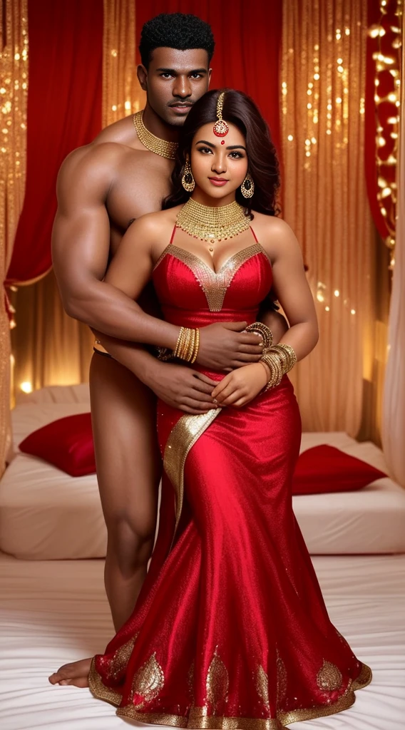 1 muscular very hary, handsome and attractive African man not wearing any shirt with sexy Indian married woman bit chubby wearing a Indian red ridal dress lengha cholli with gold jewellery and red bangles. The man is of the left side. They are the center of a decorated room with bed in background with satin red bedsheet. Both are hugging pose and there body is toward s the camera which is front. They are present on a satin bedsheet in a decorated room with rose, deep cleavage