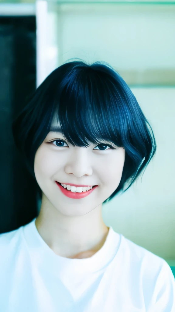 an 18 year old Japanese girl. the color of the left eye is blue, the right eye is red, very detailed. His hair color is black and a little blue color is short hair. wearing a white shirt. while smiling sweetly. background in the apartment room