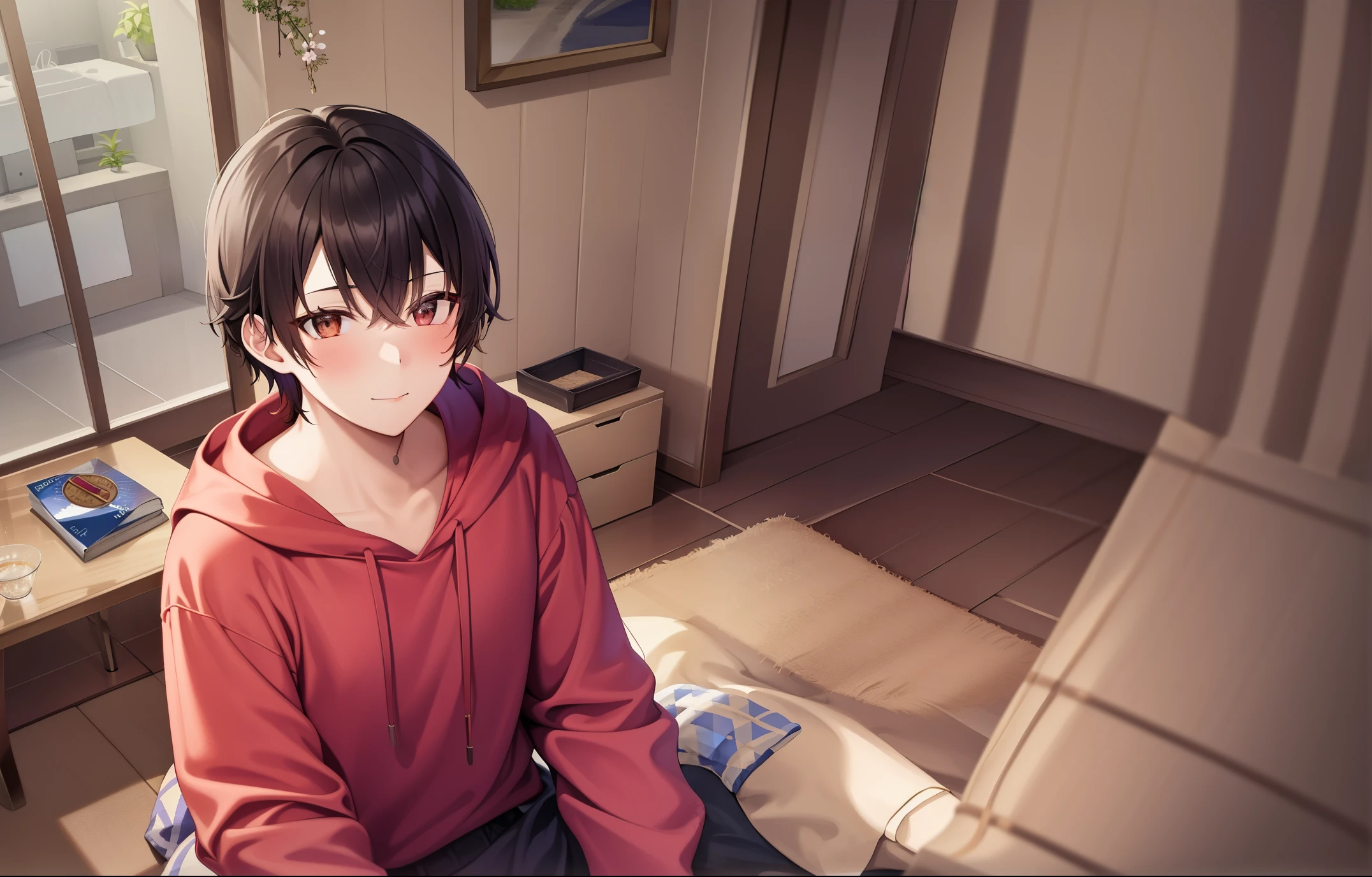 The background is the living room、walls、Beds、Rug mat、cushion