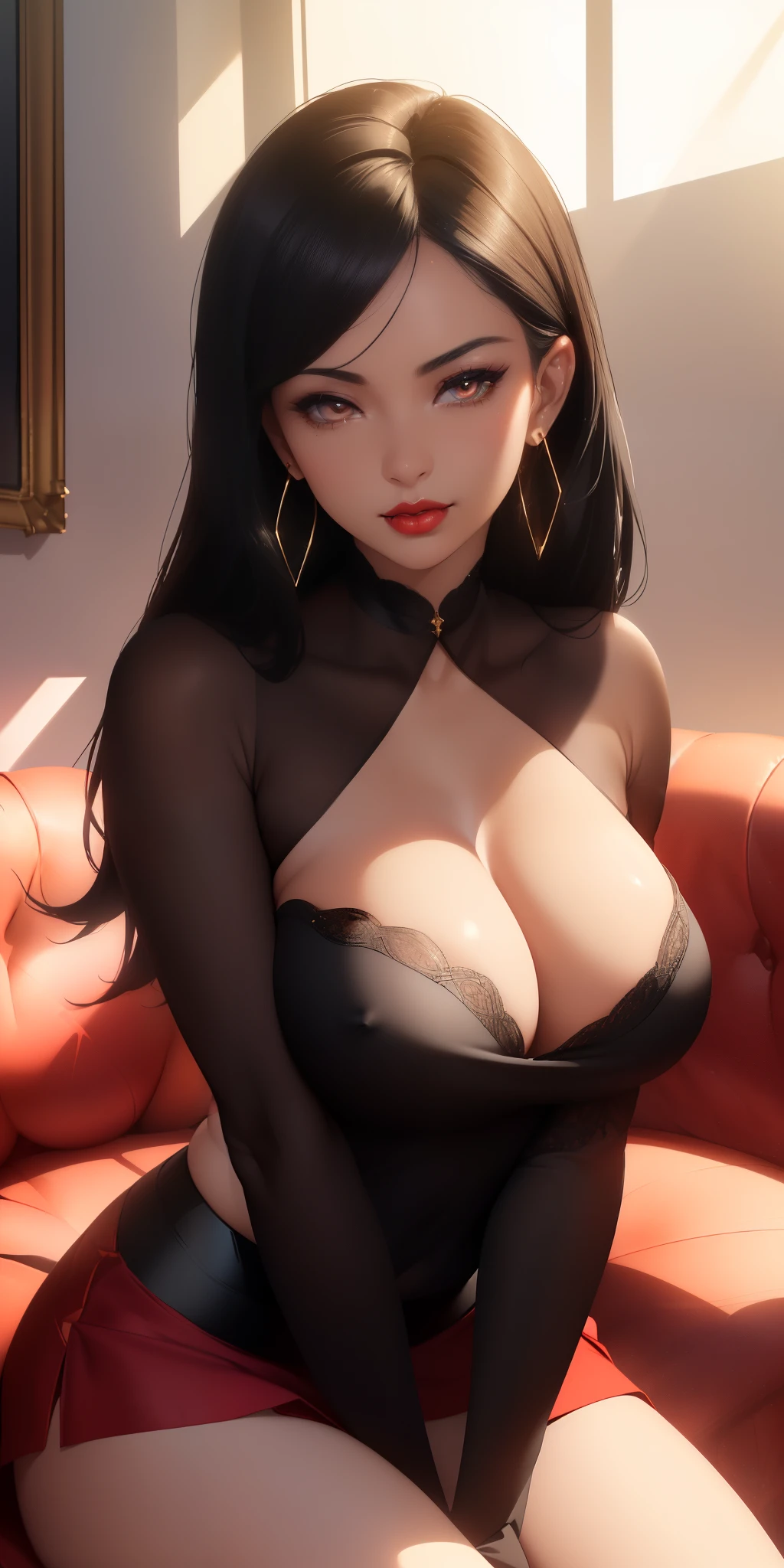 Medium breasts ((beautiful woman, 25 years old)) (straight black hair, bold hair style, tied, beautiful earrings), beautiful detailed hazel eyes, double eyelids, detailed iris, light effect on the eyes, ((beautiful red strap blouse at the neck, long sensual black skirt made in delicate and cool fabric)) ((hyper detailed, 16k, masterpiece, hyper realistic, perfect lighting, light and shadow effect on the skin, sharp focus, soft lighting) ), red lips perfect, tanned skin, woman of superior beauty, beautiful and sensual, she is in love, sweet smile ((she has a curvaceous body with beautiful curves, with perfect breasts)) ((variable sensual poses on the sofa))