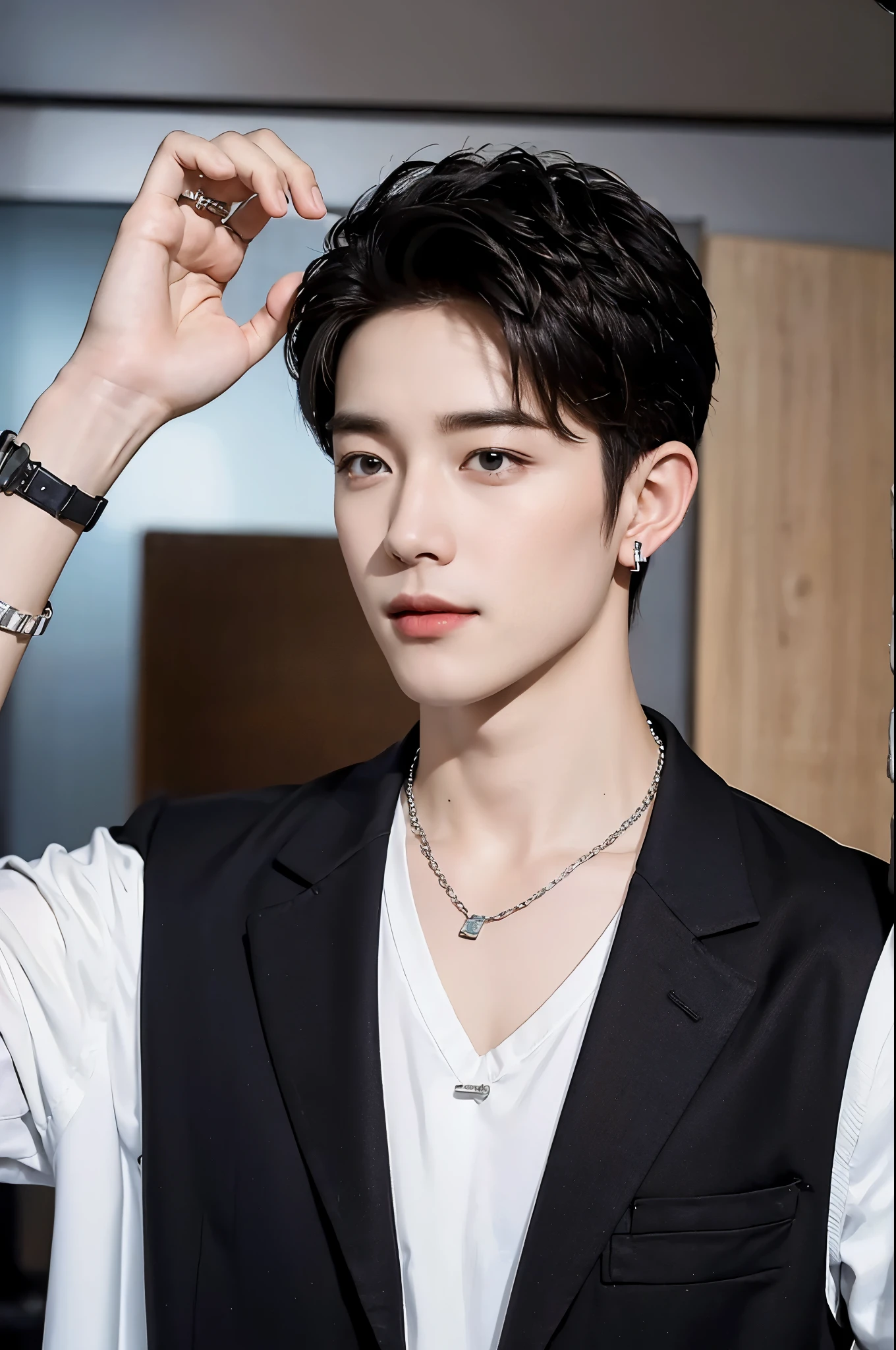 ((Best Quality, 8K, masterpiece: 1.3))、Cool Korean man, 120 year old man、Korean style long hair、Sturdy face、Handsome nose、Detailed eyes and face、Beautiful lighting、(studio)、High Resolution、 (visible to the audience)、mouth details、Thin Mouth、,Sorrisos、whole body: 1.5, perfect body figure: 1.picture of both shoulders:1.3, Wearing a White T-shirt and a casual Black coat:1.5, Accessories : (men's earrings, necklaces, men's rings, men's watches)