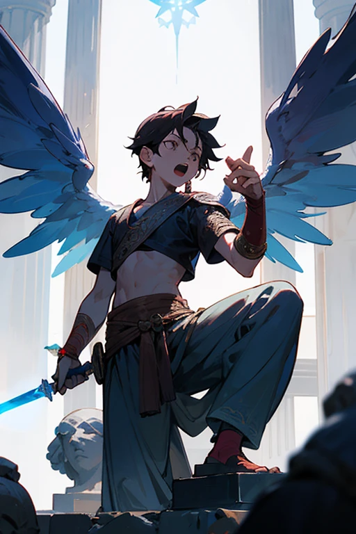 1 boy，in a greek temple，Next to it is a crystal statue of Saga, the god of war.，With wings、The boy with the sword has a powerful little universe、is roaring