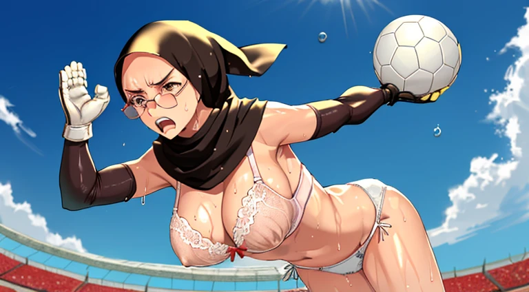 (((1woman))),(((solo woman))), Photo of a indonesian female teacher with saggy breasts, (((diving))) & (((catching the ball))) in the middle of(soccer field), 40yo,busty body, tall body, tanned skin, dimples, light, detailed face, embarrassed face, ((looking disgusted)), ((very angry)), (dissapointed), ((hands raised up)), Perfect breasts, big breasts, natural breasts, big nipples, G cup, (((brown hijab))),(((glasses))), (nude), ((torn_bra:1.0)), (((cotton panties))), (((goalkeeper gloves))), (sweat:1), (wet)