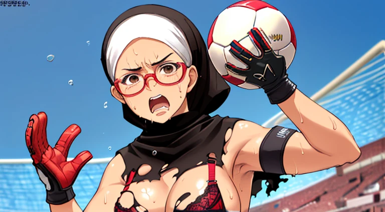 (((1woman))),(((solo woman))), Photo of a indonesian female teacher with saggy breasts, (((diving))) & (((catching the ball))) in the middle of(soccer field), 40yo,busty body, tall body, tanned skin, dimples, light, detailed face, embarrassed face, ((looking disgusted)), ((very angry)), (dissapointed), ((hands raised up)), Perfect breasts, big breasts, natural breasts, big nipples, G cup, (((brown hijab))),(((glasses))), (nude), ((torn_bra:1.0)), (((cotton panties))), (((goalkeeper gloves))), (sweat:1), (wet)